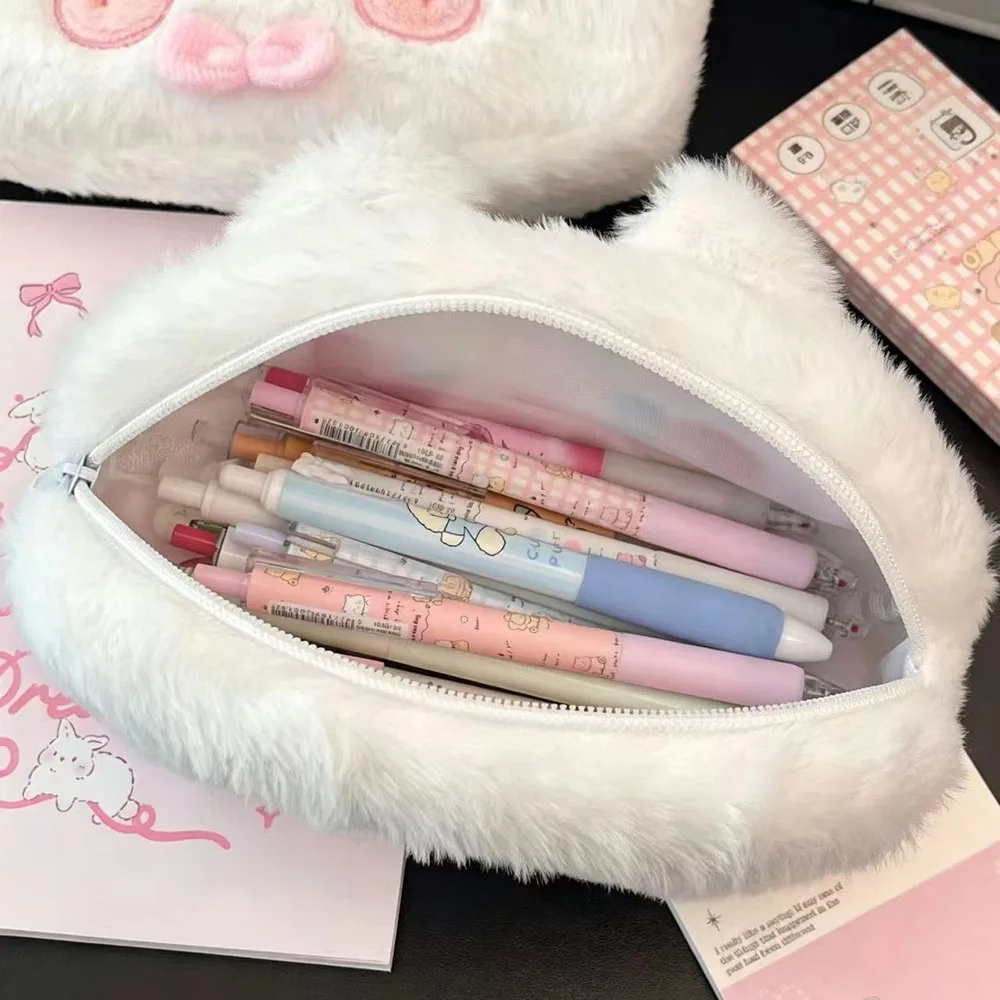 Plush rabbit pencil case, cute cartoon style simple student storage multifunctional stationery bag with high appearance value