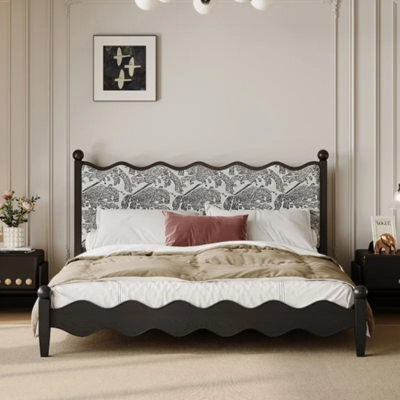 

French retro soft bed solid wood double princess bed 1.8 meters master bedroom jacquard fabric black oak wave bed
