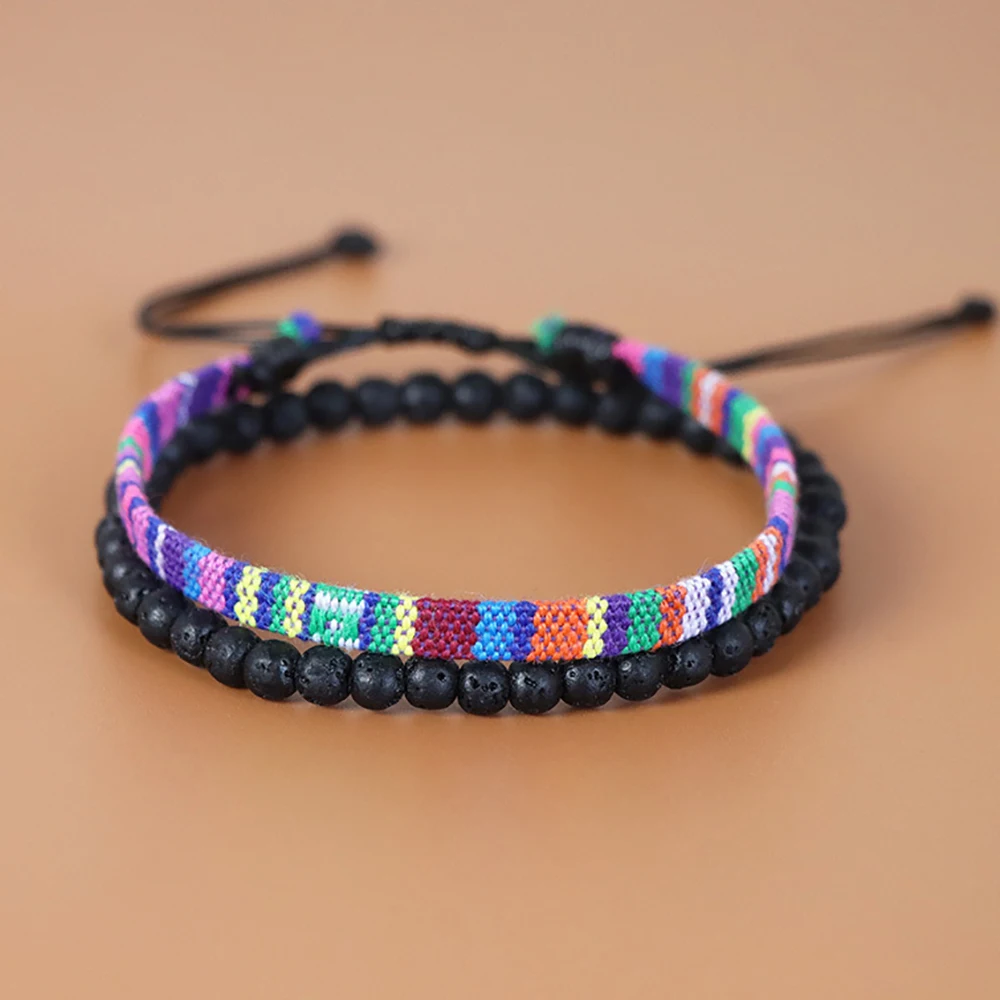 Bohemian Lava Stone Beaded Bracelet Set Handmade Colorful Woven Rope Adjustable Layered Bracelets for Women Ethnic Style Jewelry