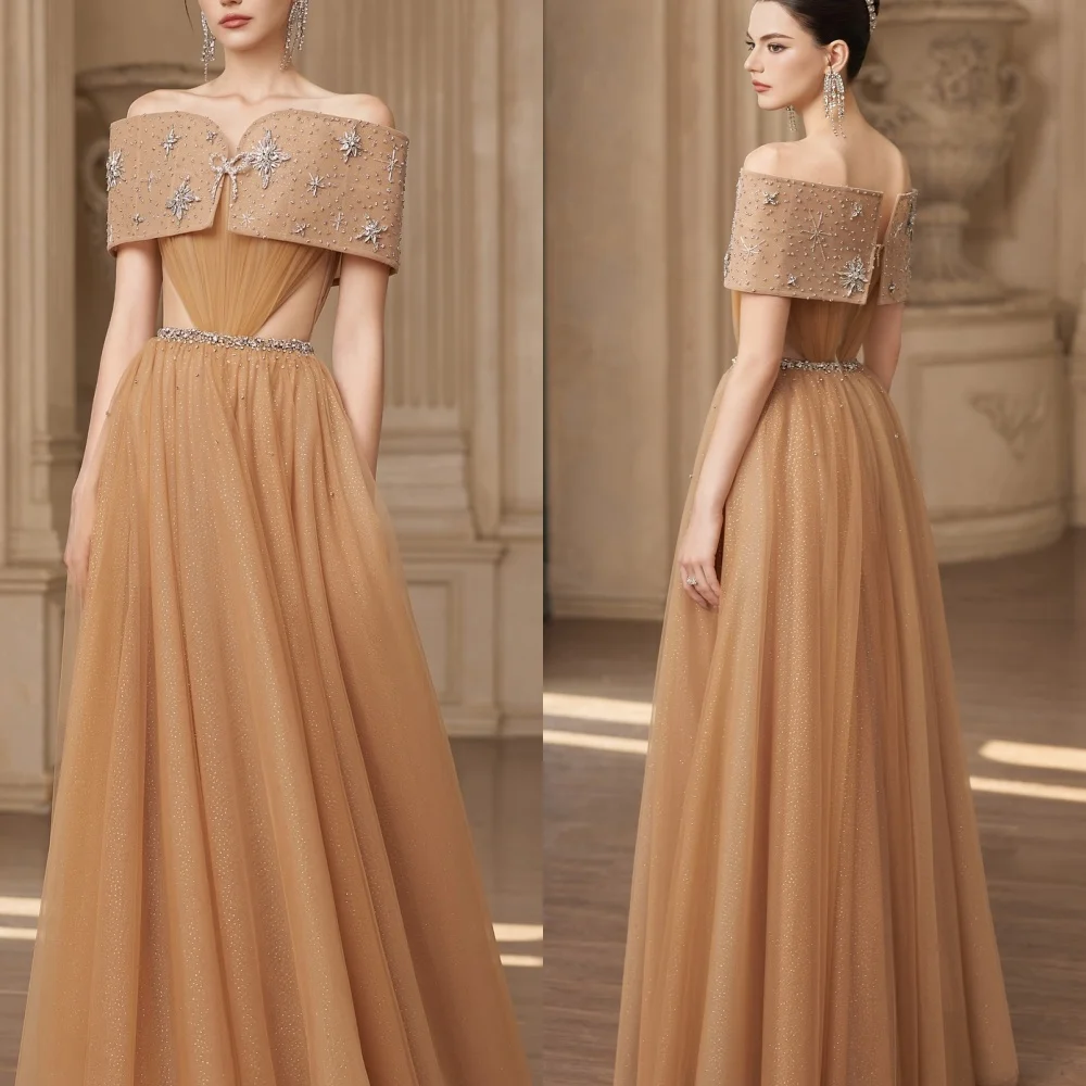 

Customized Exquisite Off the Shoulder Sleeveless Evening Dress High Quality Tulle Prom Dresses Temperament Bridal Party Gowns