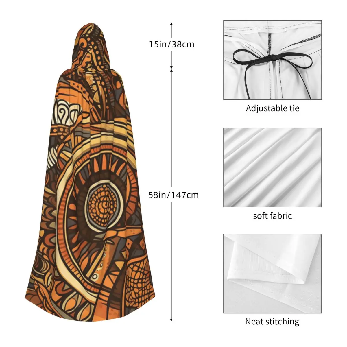 Tribal Ethnic Geometric Pattern Long Hooded Cloak Witch Medieval Costume Cosplay Cape HalloweenCoat Adult Unisex