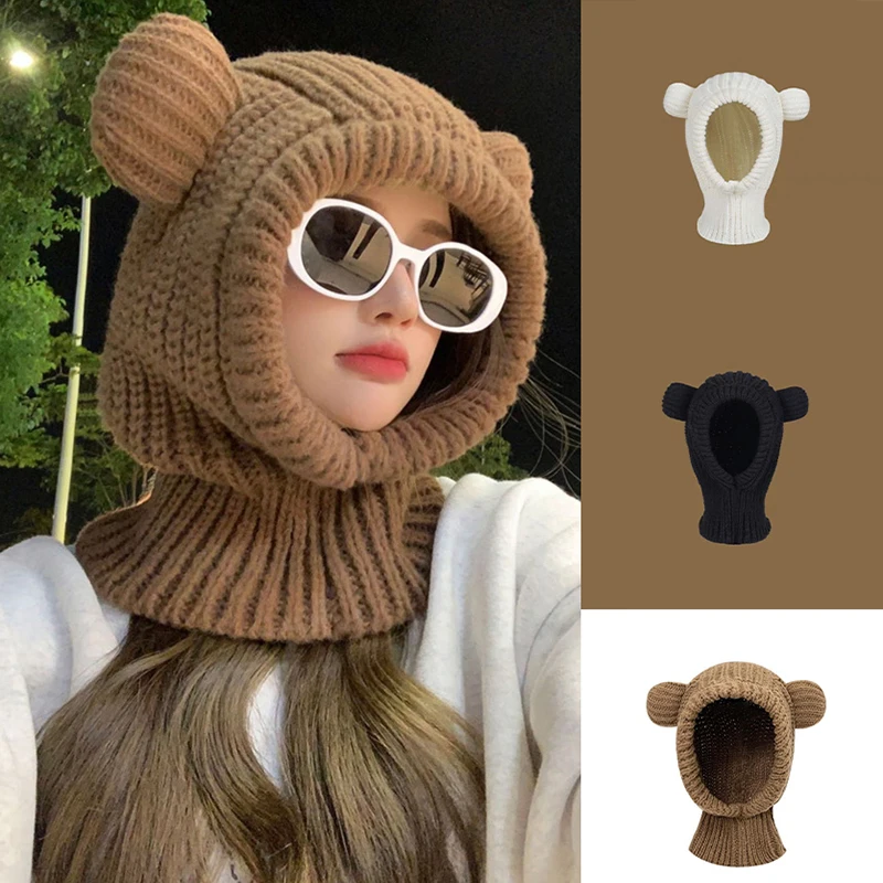 Korean Women Hooded Beanies Winter Warm Ear Protection Headgear Wool Knitted Bib Scarf Cap Cartoon Bear Girl Crochet Bonnet