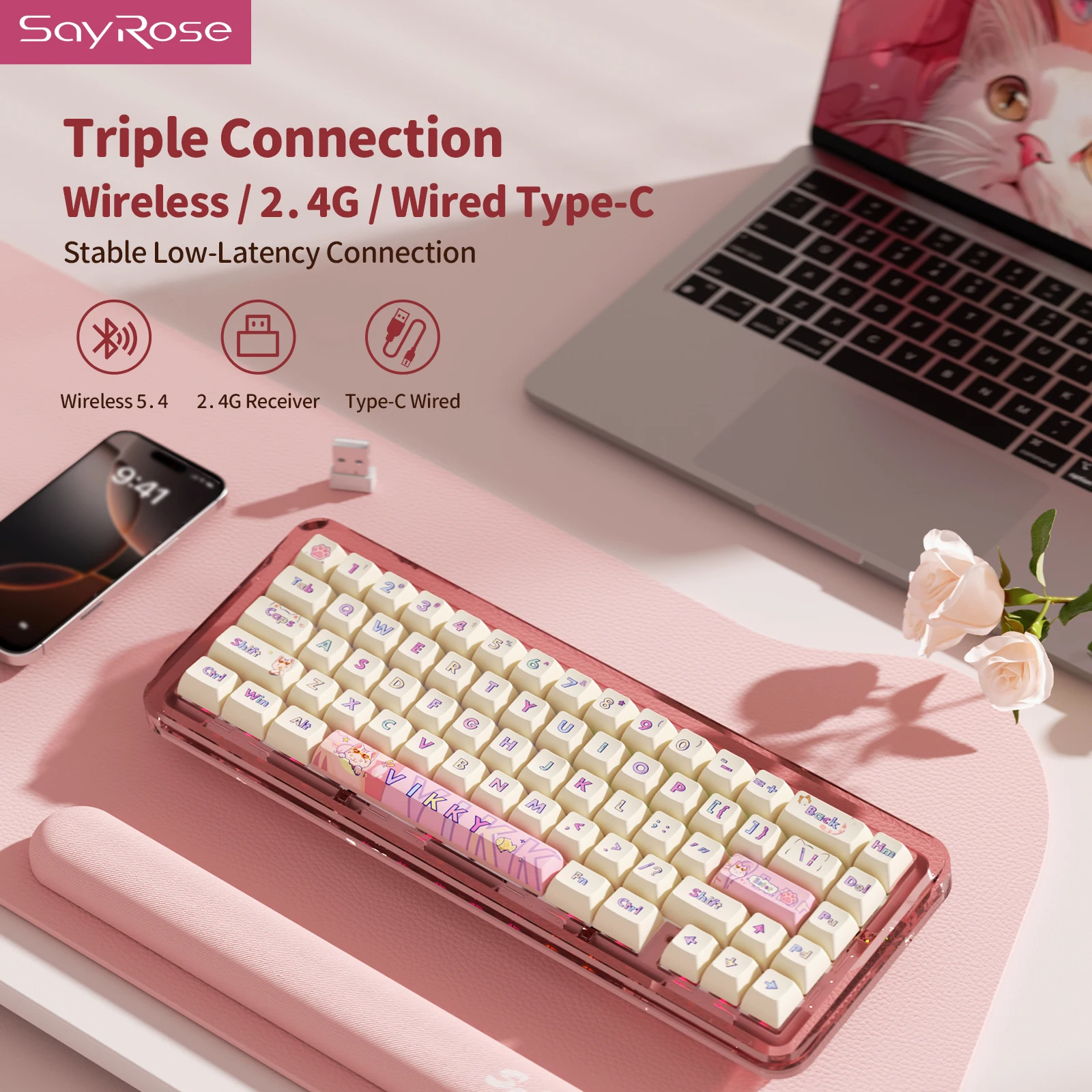 SayRose B67 Cute Aesthetic Mechanical Keyboard Triple Mode Wireless 2.4G Bluetooth Type C Wired RGB Backlit Crystal Switches Desktop Gaming Keyboard Cute Girl Desk Decor Gift