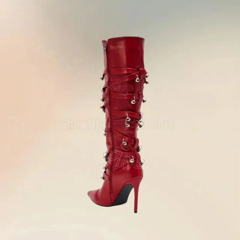 

Metal Circle Rivets Red Pointed Toe Boots Side Zipper Women Shoes Thin High Heels Fashion Party Dating 2026 Zapatos Para Mujere