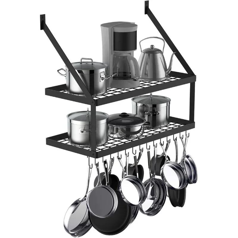 Hoooh Square Grid Wall Mount Pot Rack with 2-Tier 15 Hooks, Kitchen Cookware Hanging Organizer Storage Shelf