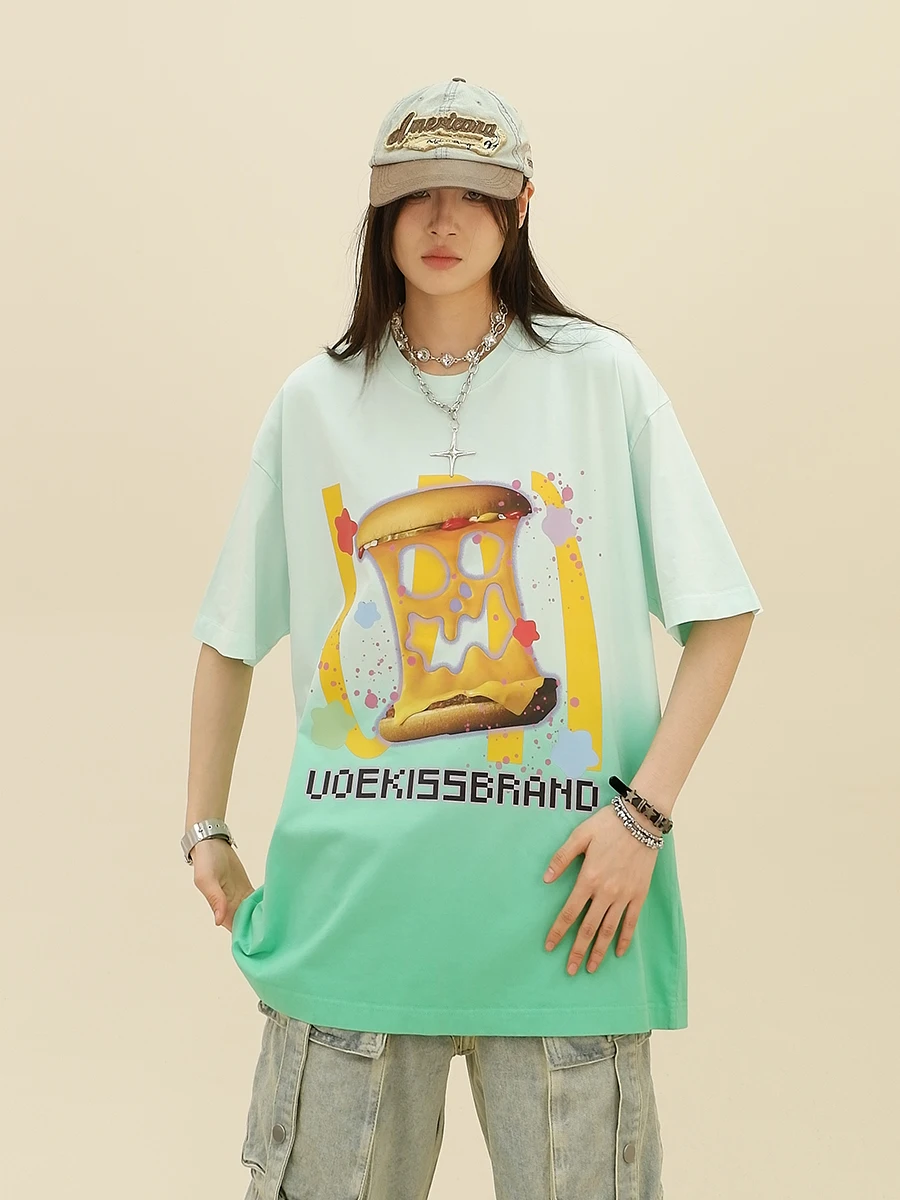 

Creative Cartoon Gradient Short Sleeve T-shirt Women's 2024 Summer New Loose Bf American Fashion Brand Ins Top