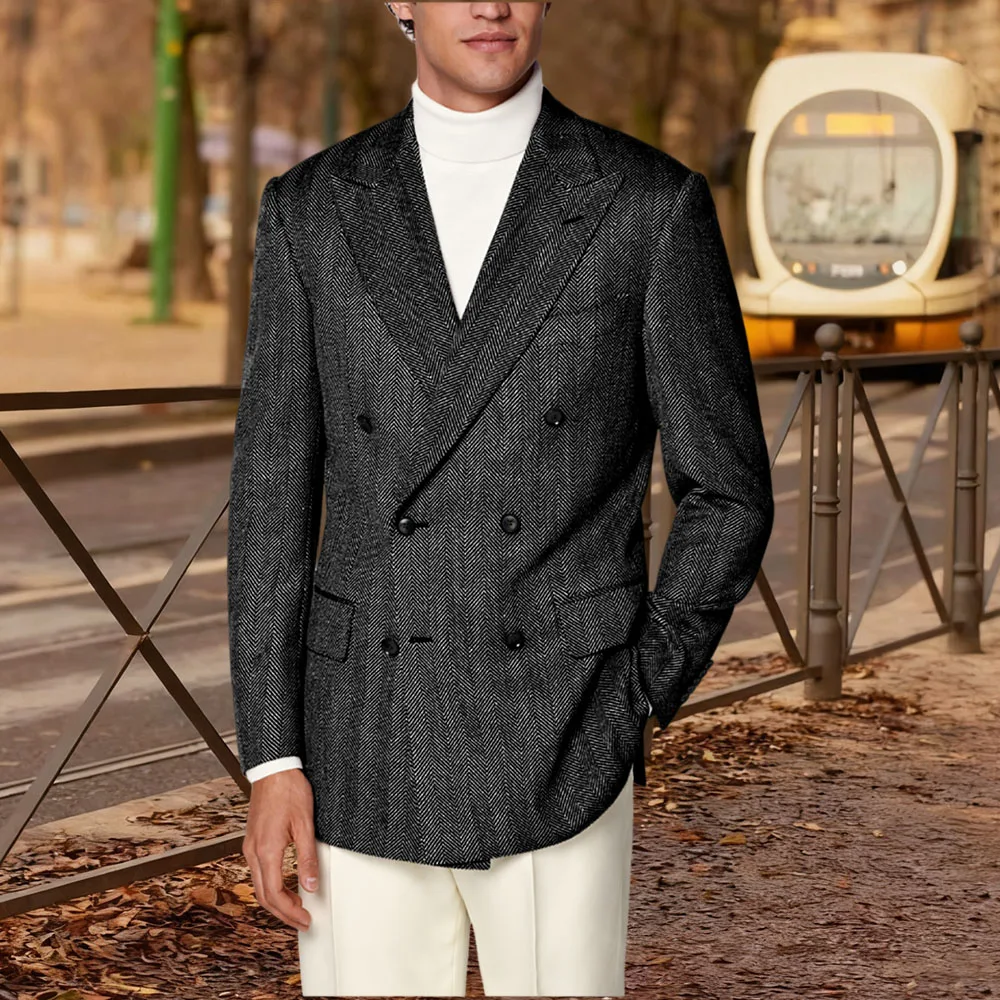 

Роскошный шерстяной двубортный мужской пиджак с узором «елочка» Haute Couture, деловой костюм, пиджаки, деловое банкетное мужское пальто
