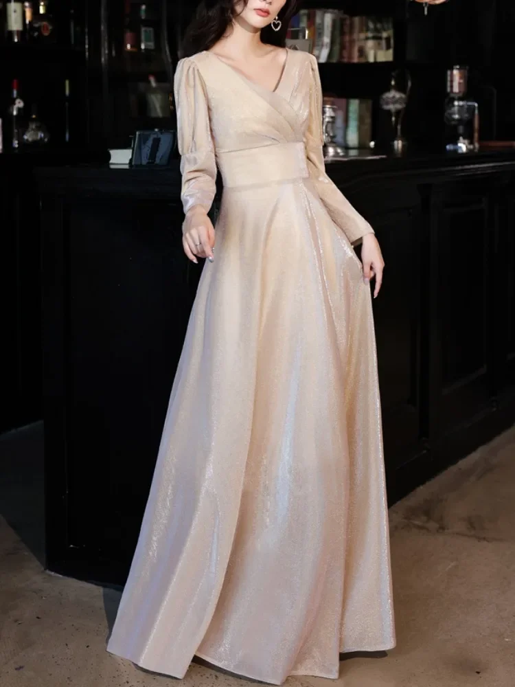 Customized V-neck Solid Long Sleeve Wedding Party Dresses Slim Pleated Elegant Prom Dress Gentle Simple Temperament Long Evening