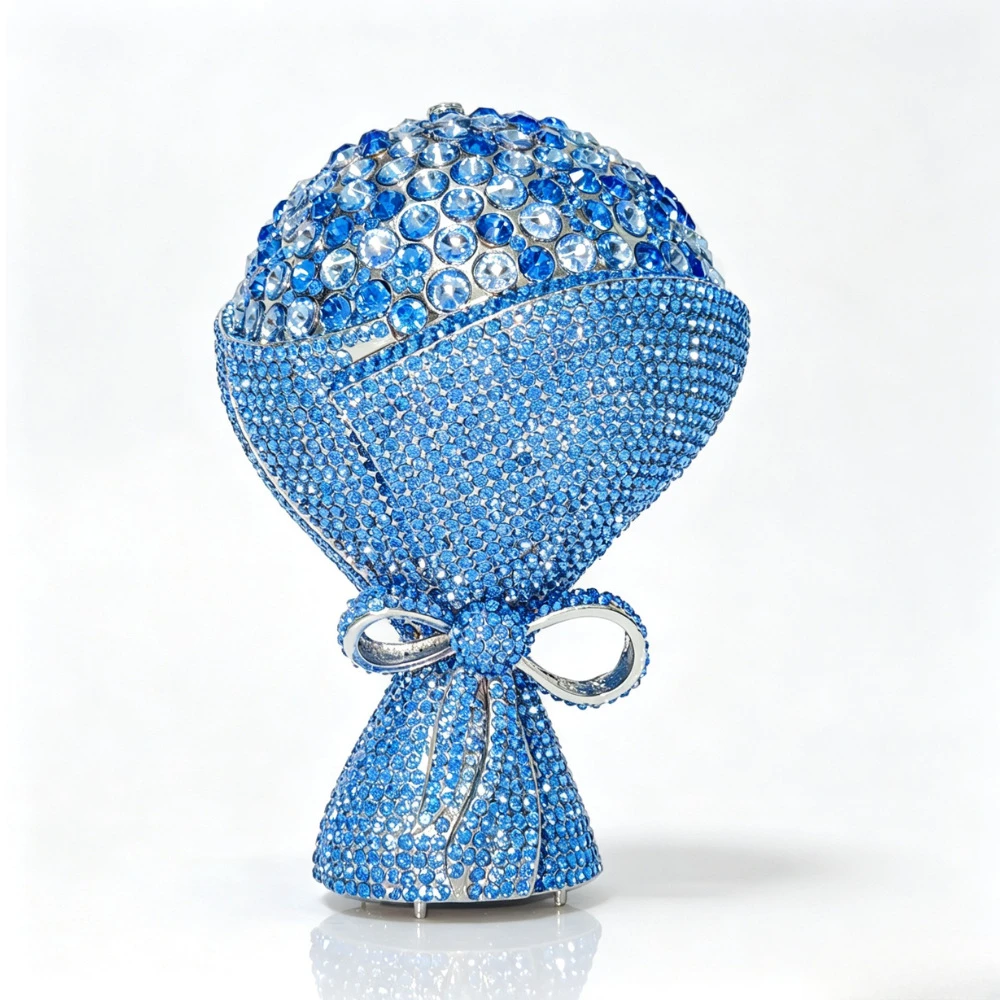 WHTUOHENG Blue Rhinestone Bridal 3D Flower Clutch Purse Women Crystal Minaudiere Evening Bags For Wedding Bridal Banquet Handbag