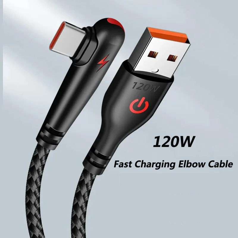 

120W Single Elbow Fast Charging USB Type C Cable For Huawei Mate 40 P60 Pro Xiaomi 13 12 Samsung Mobile Phone USB C Charger Wire