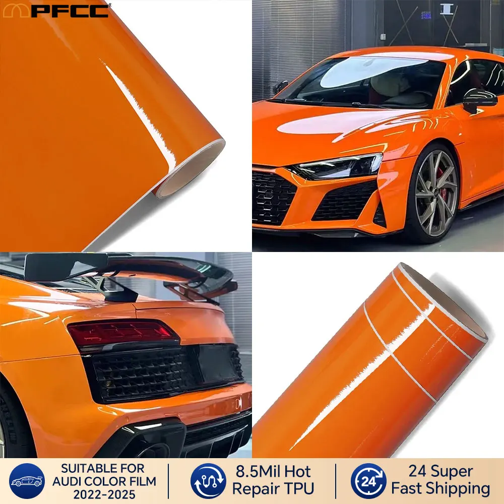 

For Audi Bright Orange Glossy Car Film Covering Vinyl Wrap Stickers Bubble Free Car Sticker DIY PPF Paint Protection Film ﻿