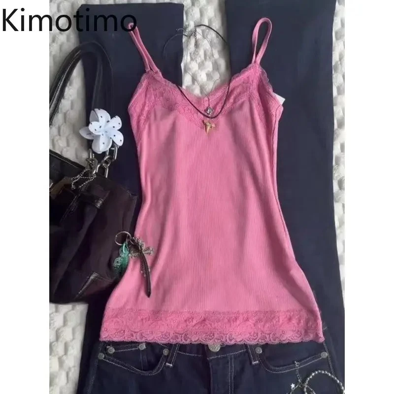 Kimotimo Sexy Lace Patchwork Camisole Vest Women V Neck Slim Fit Embroidery Sleeveless Base Tops Spicy Girl Y2k Aesthetic Tanks