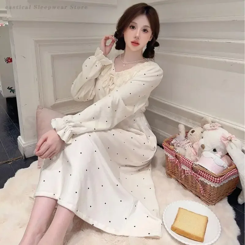 

Sexy Lace V-Neck Long Nightdress Autumn Winter Island Velvet Nightgown Polka Dot Sleepwear Lingerie Thick Home Dress Lounge Wear