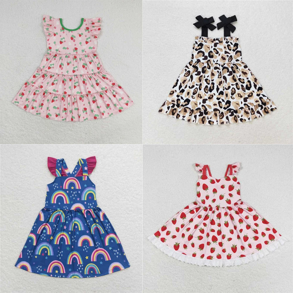 

wholesale hot sale western boutique clothing Summer Skirts baby girls clothes Floral strawberry pink flysleeve dress