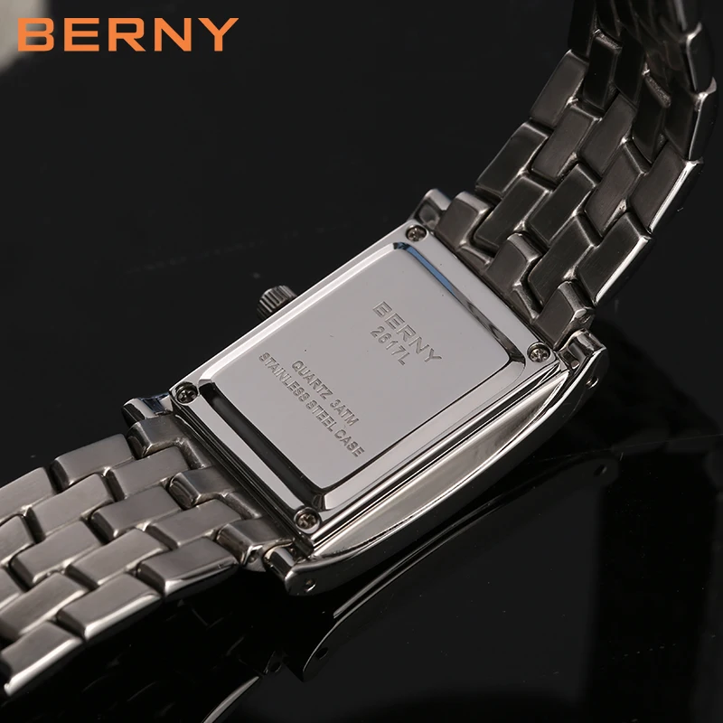 Reloj BERNY de cuarzo de lujo para mujer, reloj rectangular de acero inoxidable, marca de cuero de moda, relojes de vestir impermeables, reloj de