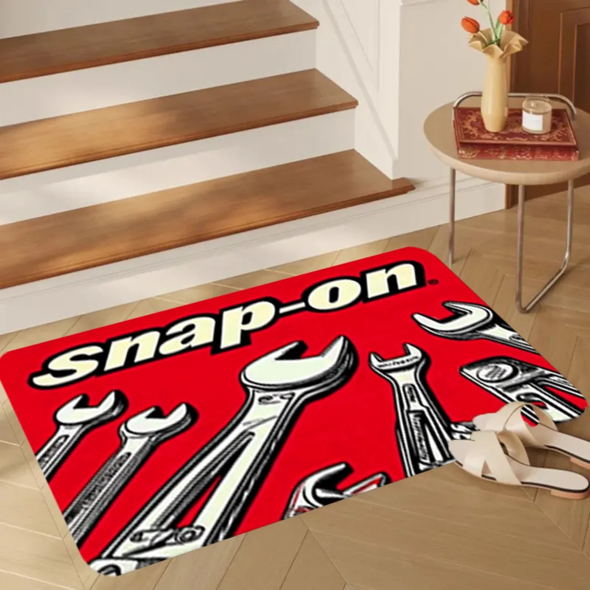 1pc Snap-On Logo Tool Illustration Flannel Mat, Durable & Machine Washable, Red & Black Tools Design for Home