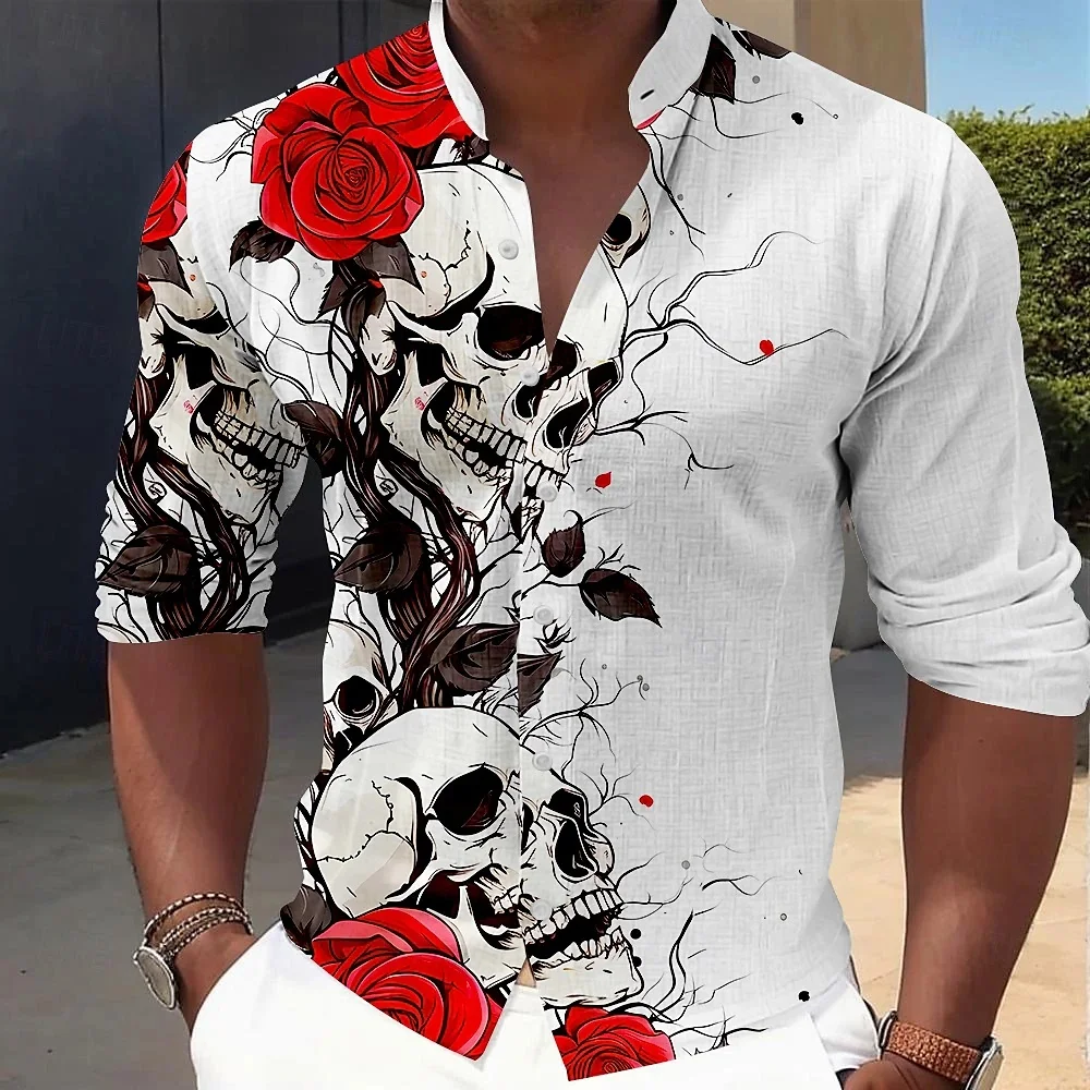 Men's Autumn Fashionable Stand up Collar Cardigan Skull Flower Print Casual Shirt High-Quality Men's Clothing