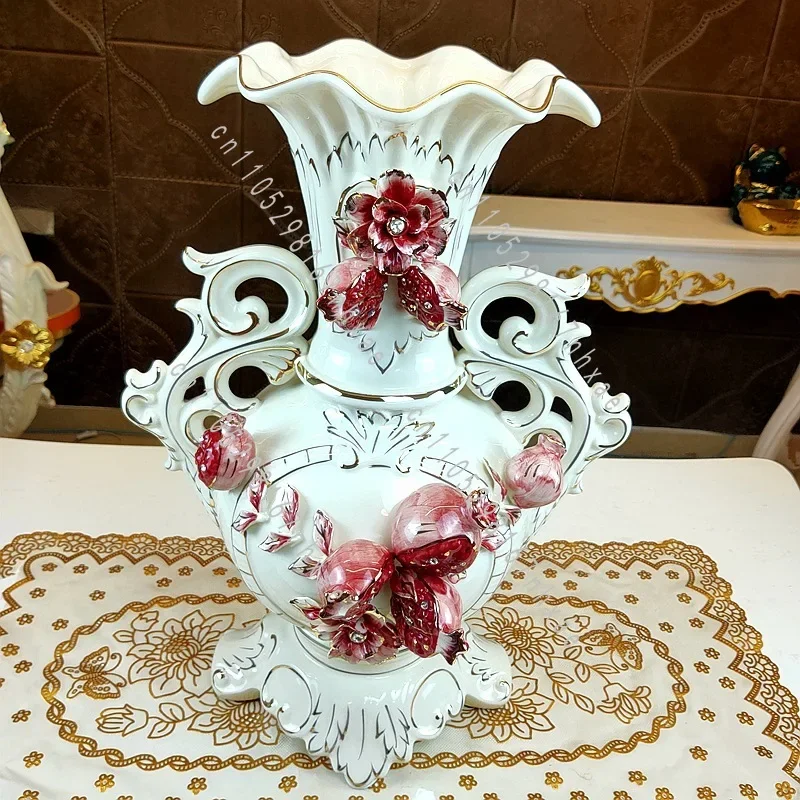 Pomegranate Entrance Living Room Ornament Binaural Vase High-end Luxury  European Large Vase Flower Arrangement Ceramic Gilt