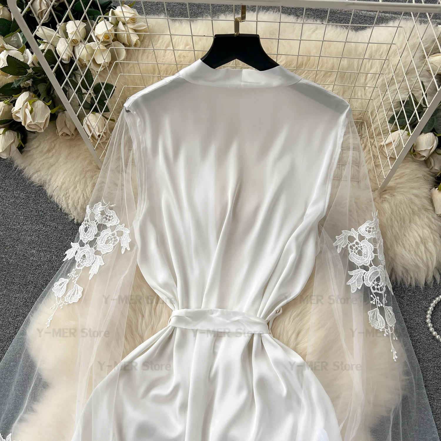 Big Sleepwear Robe Women Elegant Vestidos De Novia Bride Wedding Mesh Manga Larga Kimono Bathrobe Gown Lady Satin Loungewear