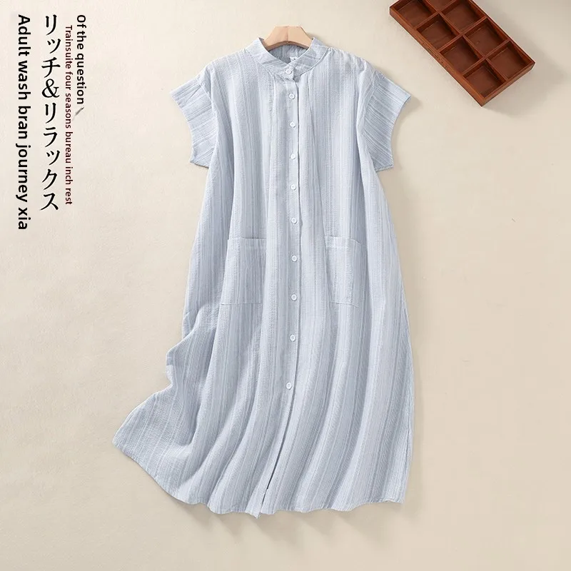 

Летний полосатый хлопковый льняной открытый кардиган миди irt Dr с воротником-стойкой, большие размеры, хорошая качественная юбка для женщин, модная версия...