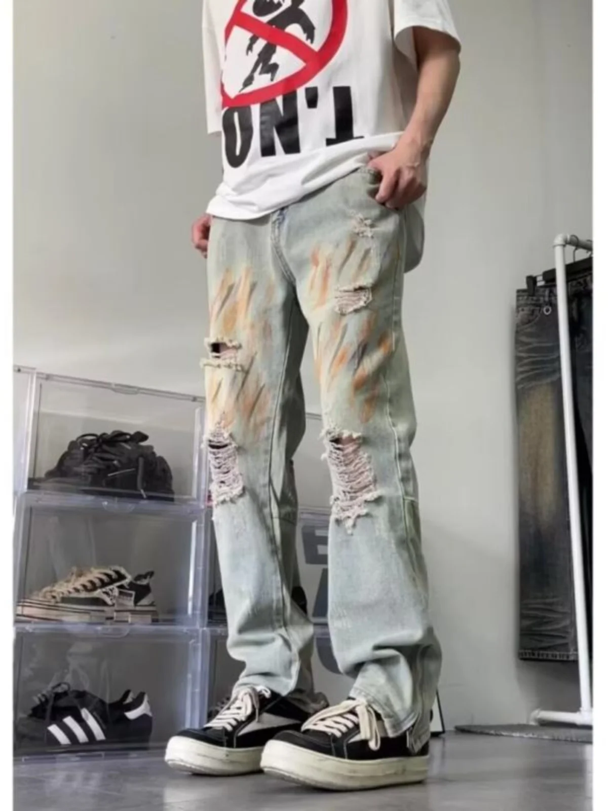 

Мужские джинсы Fiti Hole Denim в американском стиле High Street с боковой молнией и разрезами, модные расклешенные брюки