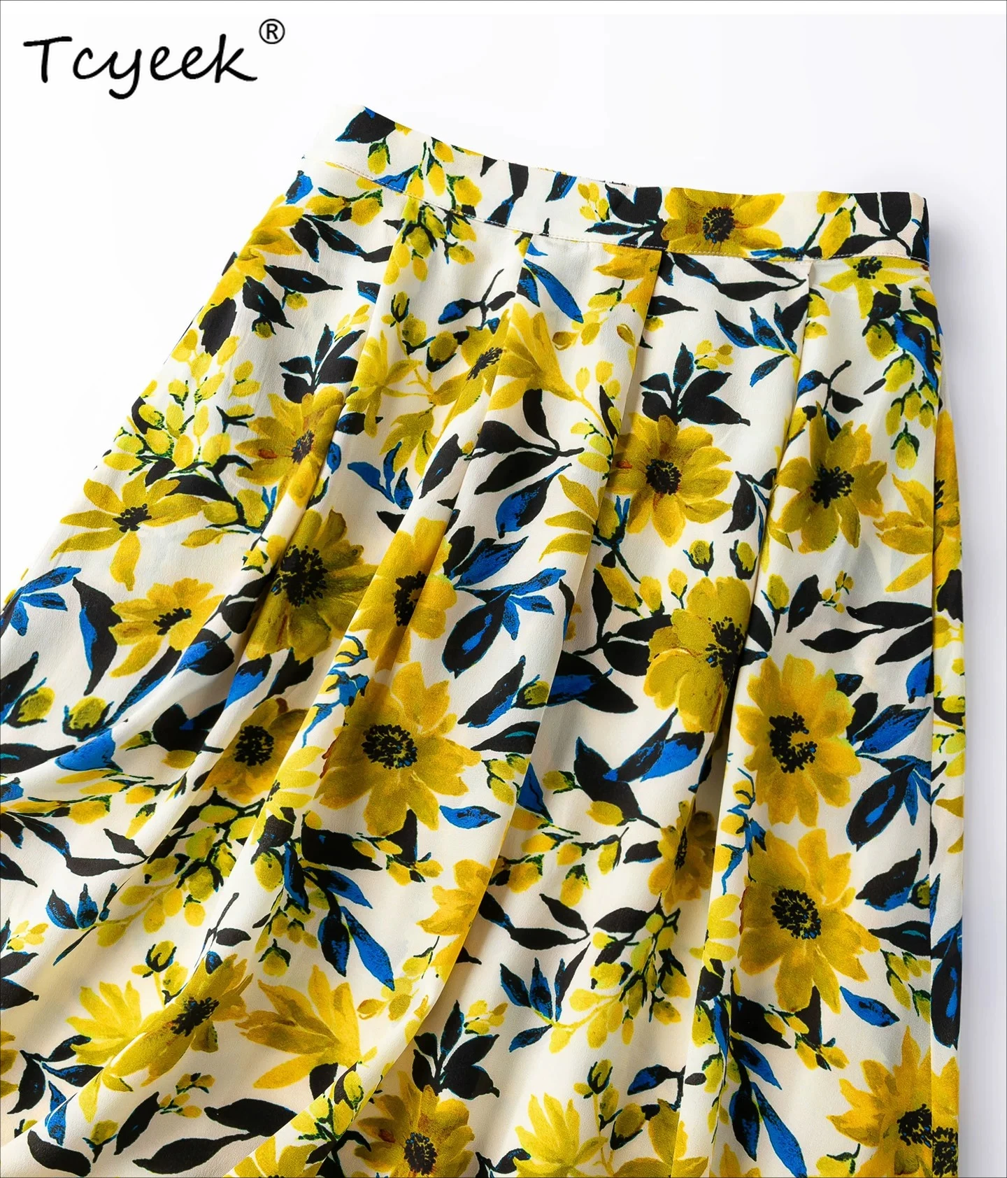 Tcyeek 100% Real Silk Womens Skirts 2026 Elegant Beach Skirt for Woman Summer Clothes Elastic Waist Floral Faldones Para Mujer