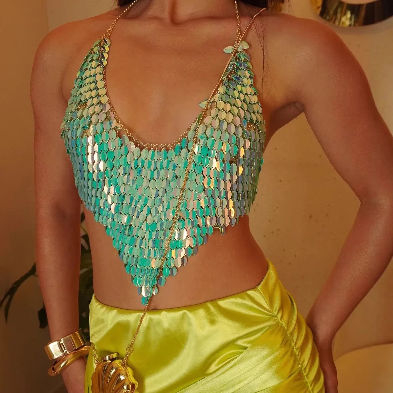 

Metal Heavy Industry Neck Hanging Vest With Glitter, Nightclub Sexy Top, Beach Party Neck Hanging, Strapless Vacation Bikini