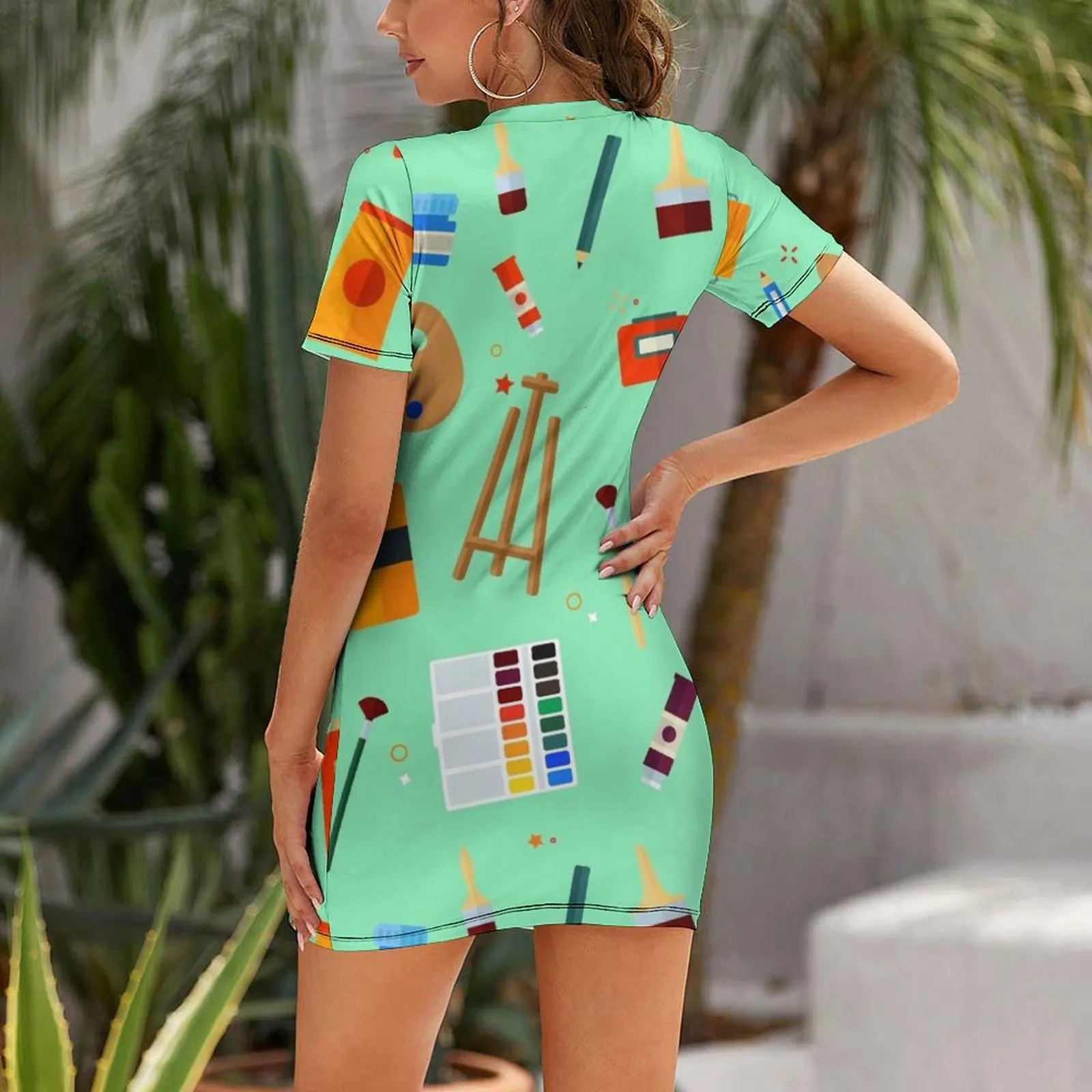 Tools and Materials for Creativity and Painting Seamless Pattern Short Sleeved Dress cocktail dresses evening dress woman