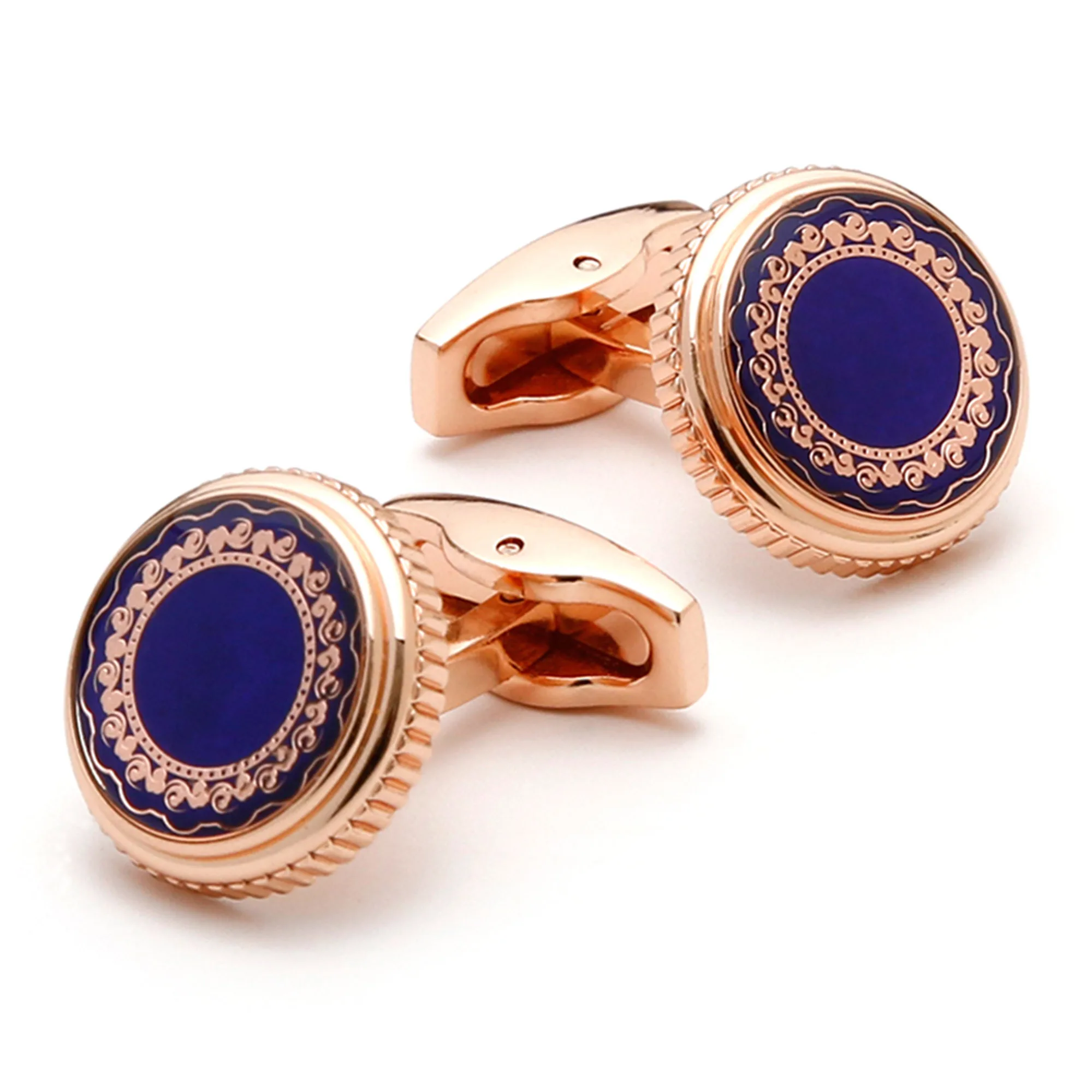 TOMYE Cufflinks for Men, Cute Blue Background Pattern Rose Golden Round Dress Shirt Cuff Links, Jewelry Gift for Husband Dad