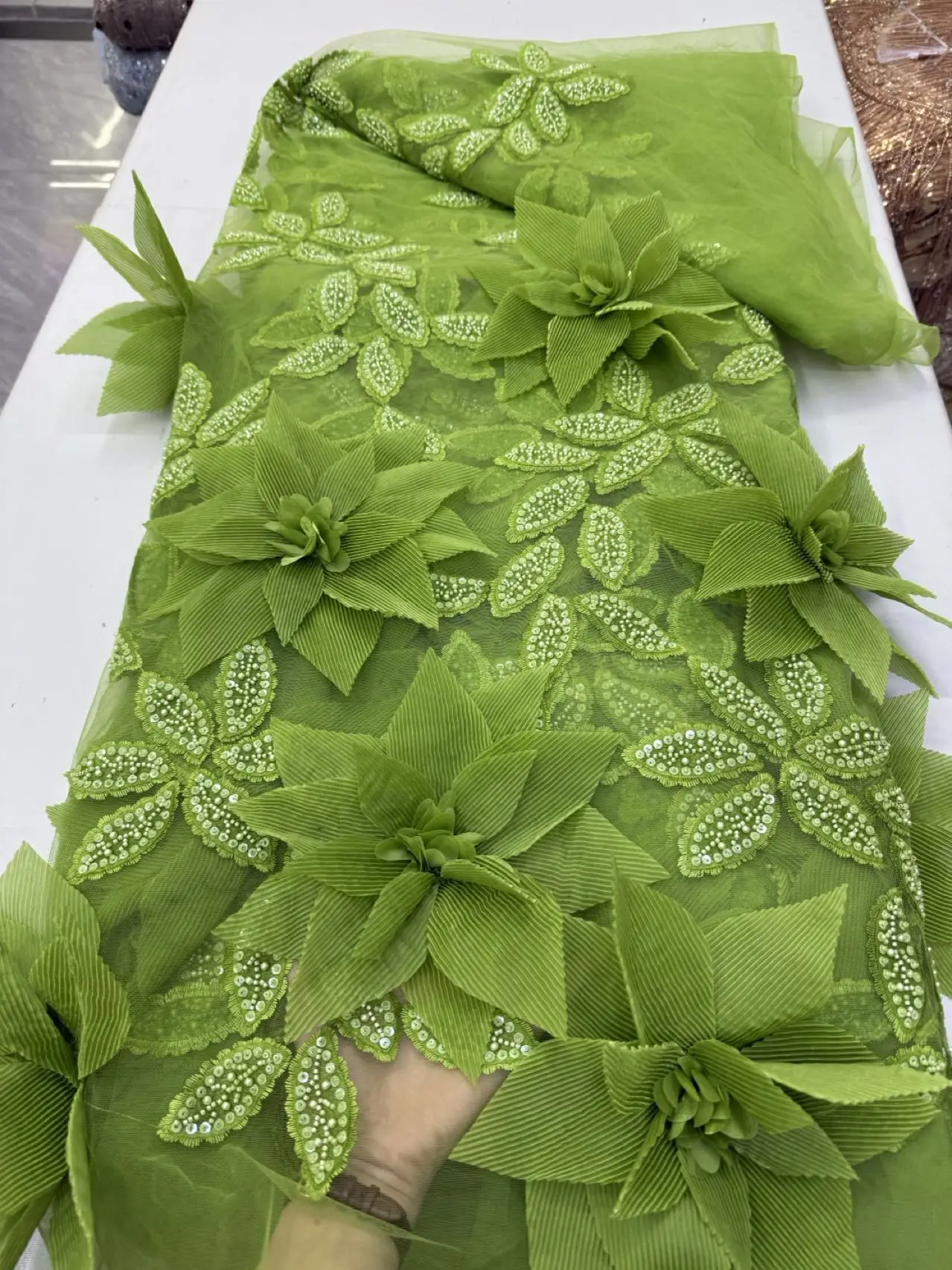 

5 Yards African Sequins Beaded Lace Fabric 2026 3d Flower Nigerian Groom Embroidery Tulle Lace For Bridal Wedding Dress Sewing