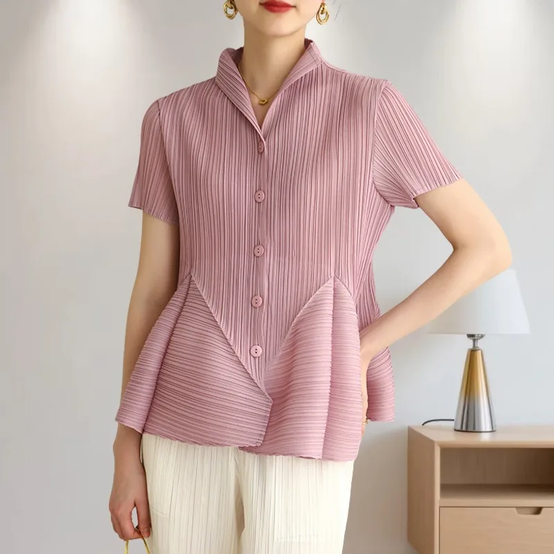 Summer Pleated Casual T-shirt Polo Shirt Miyake Style Simple Loose Large Size with Elastic Commuter Women's Thin Comfortable