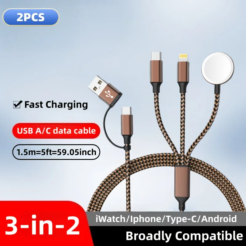 

Кабель для зарядки iWatch, коричневый, 1,2 м, 2/3 шт., для беспроводного зарядного устройства iWatch, 3-в-2, для iPhone/Android/iWatch