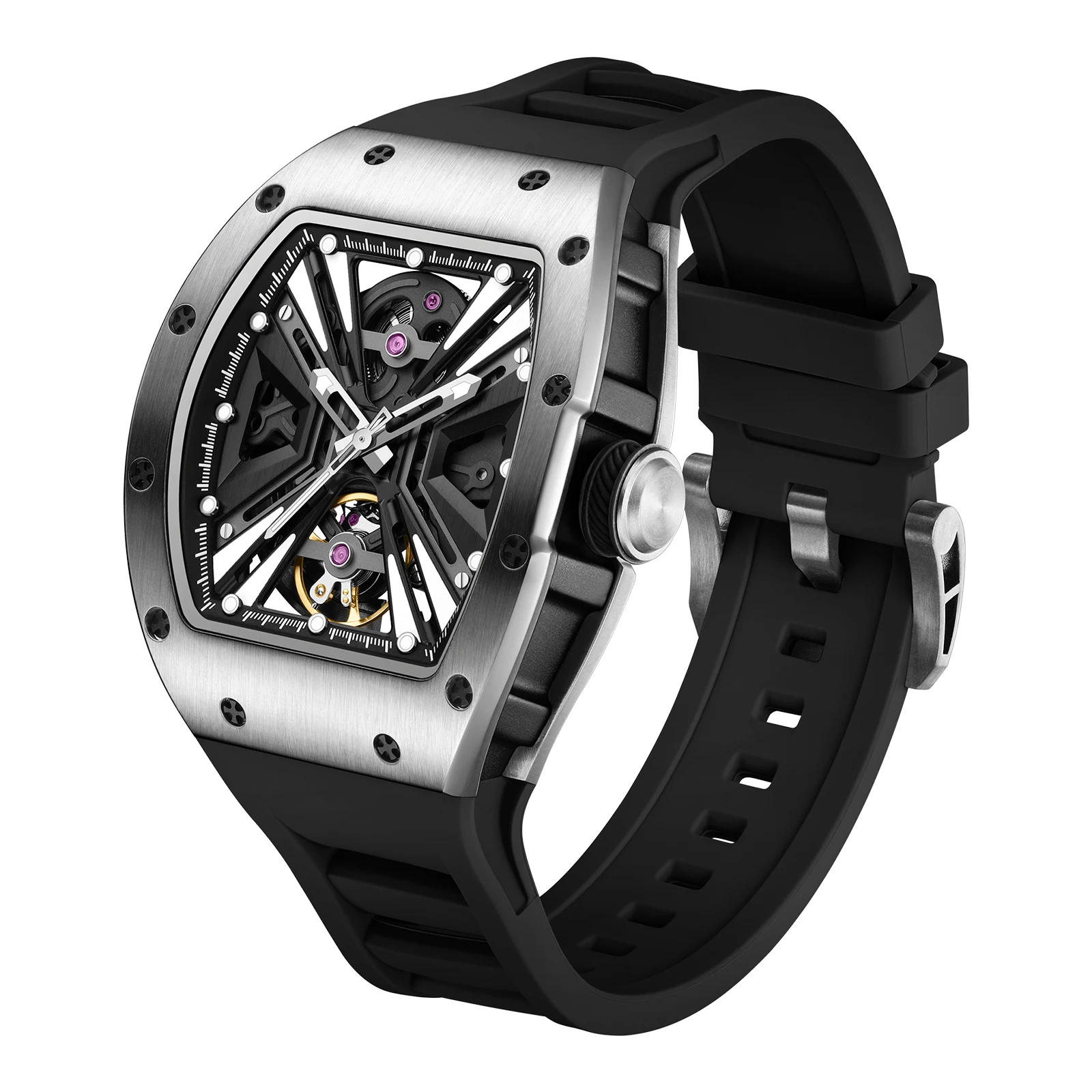 

Новые модные автоматические механические часы для мужчин: деловые, повседневные, с кожаным ремешком, скелетонизированные, с турбийоном, наручные часы Relogio Masculino