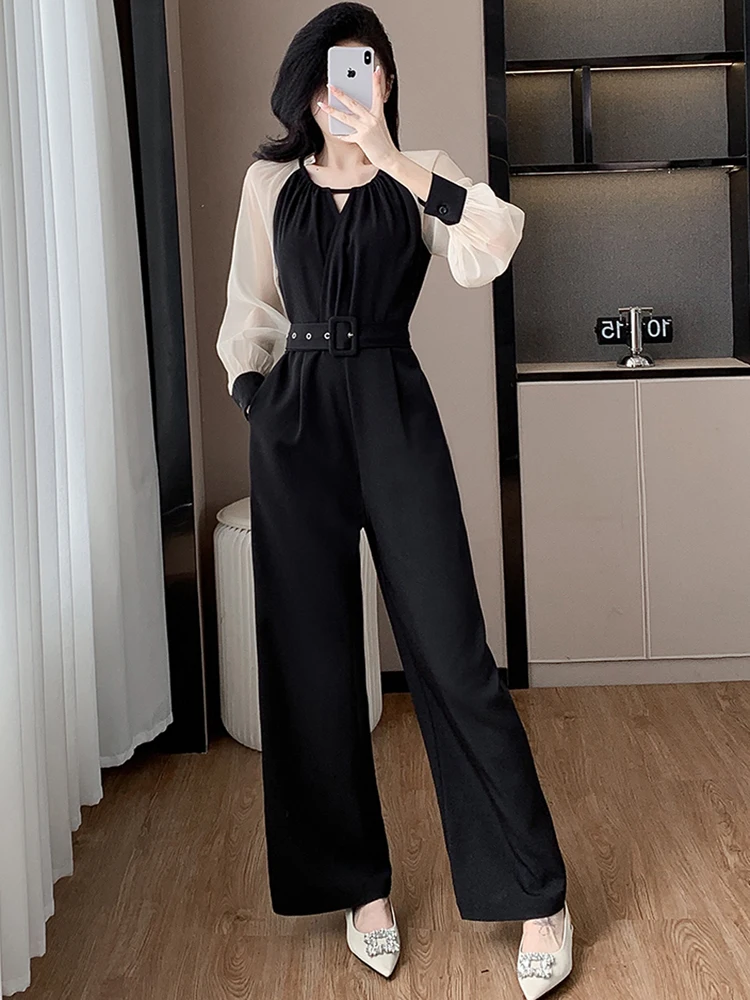 

Autumn Elegant Fashion Chiffon Splicing Jumpsuit For Women O-Neck Long Sleeve Office OL High Waist Slim Belt Wide Leg Rompers