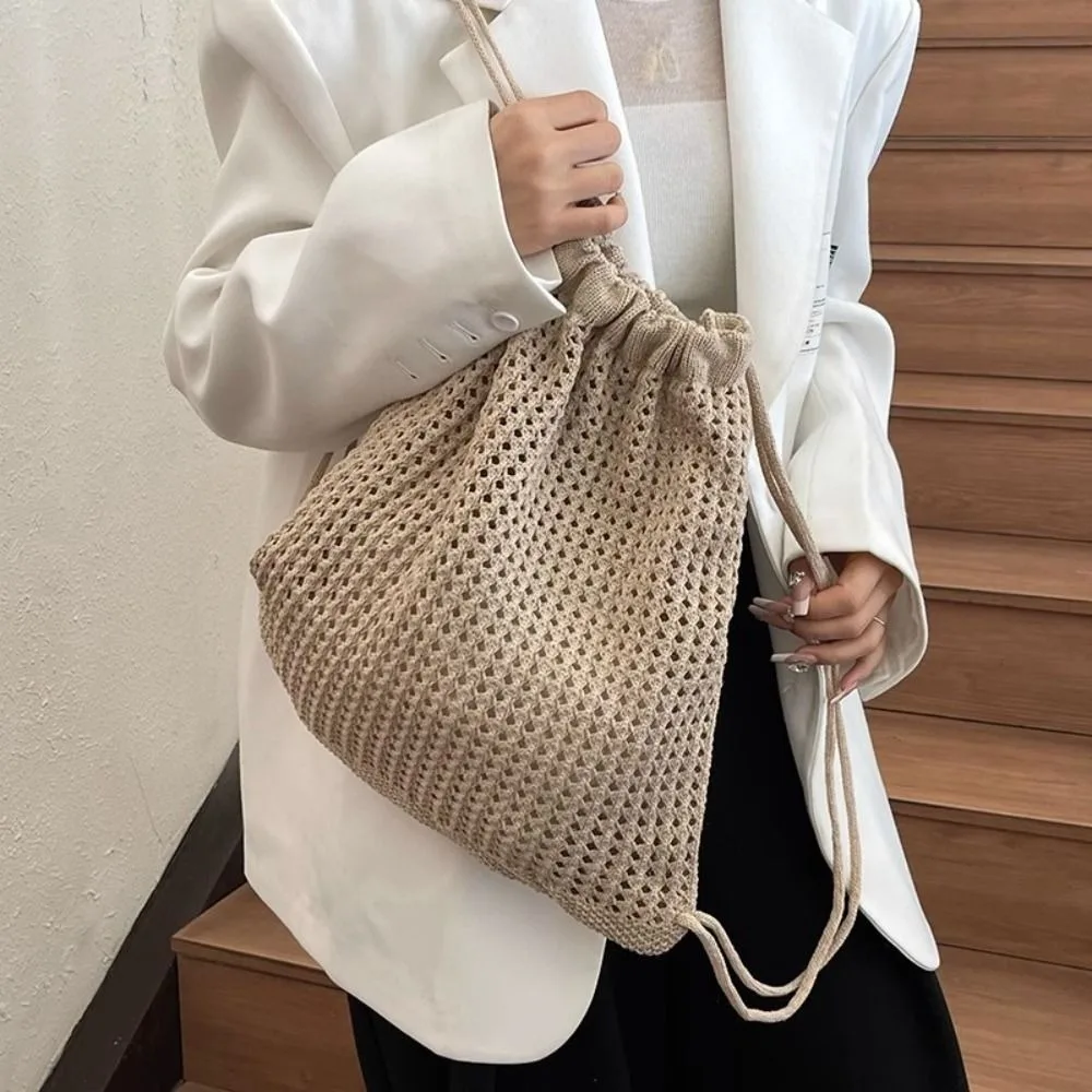 Solid Color Knitting Shoulder Bag Lazy Style Hollow Out Bohemian Crochet Backpack Large Capacity Versatile