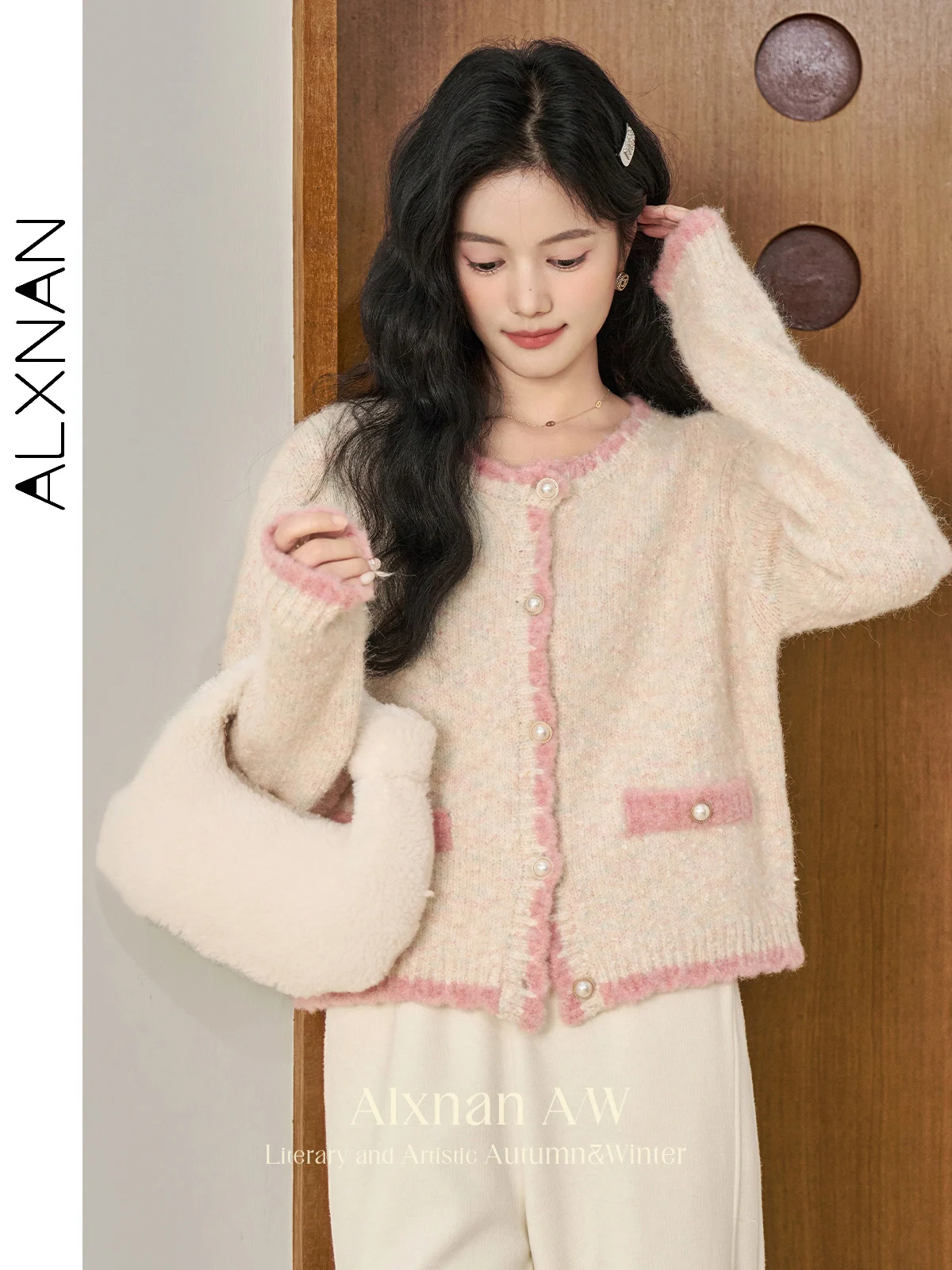 ALXNAN Women's Languid Sweet Cardigans Gentle Round Collar Long Sleeve Pearl Button 2024 Autumn Winter Loose Knit Sweater L51031