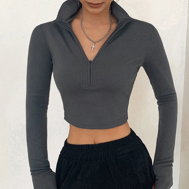 Women's Spring Autumn Zipper Half-Open Collar Long Sleeve Crop Top Versatile Slim Fit T-Shirt