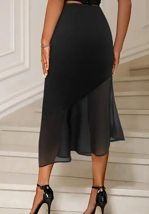 Herfst en winter 2025, dames effen kleur mesh gewikkeld heuprok, nieuwe elastische taille, afslankende elegante stijl vissenstaartrok