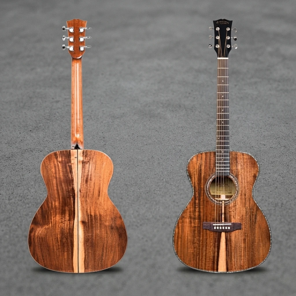 Cutaway OM Acoustic Guitar, Solid Top, Gloss Exotic Wood Grain, Dark Fretboard, Chrome Tuners, 6 Strings for Daily Practice