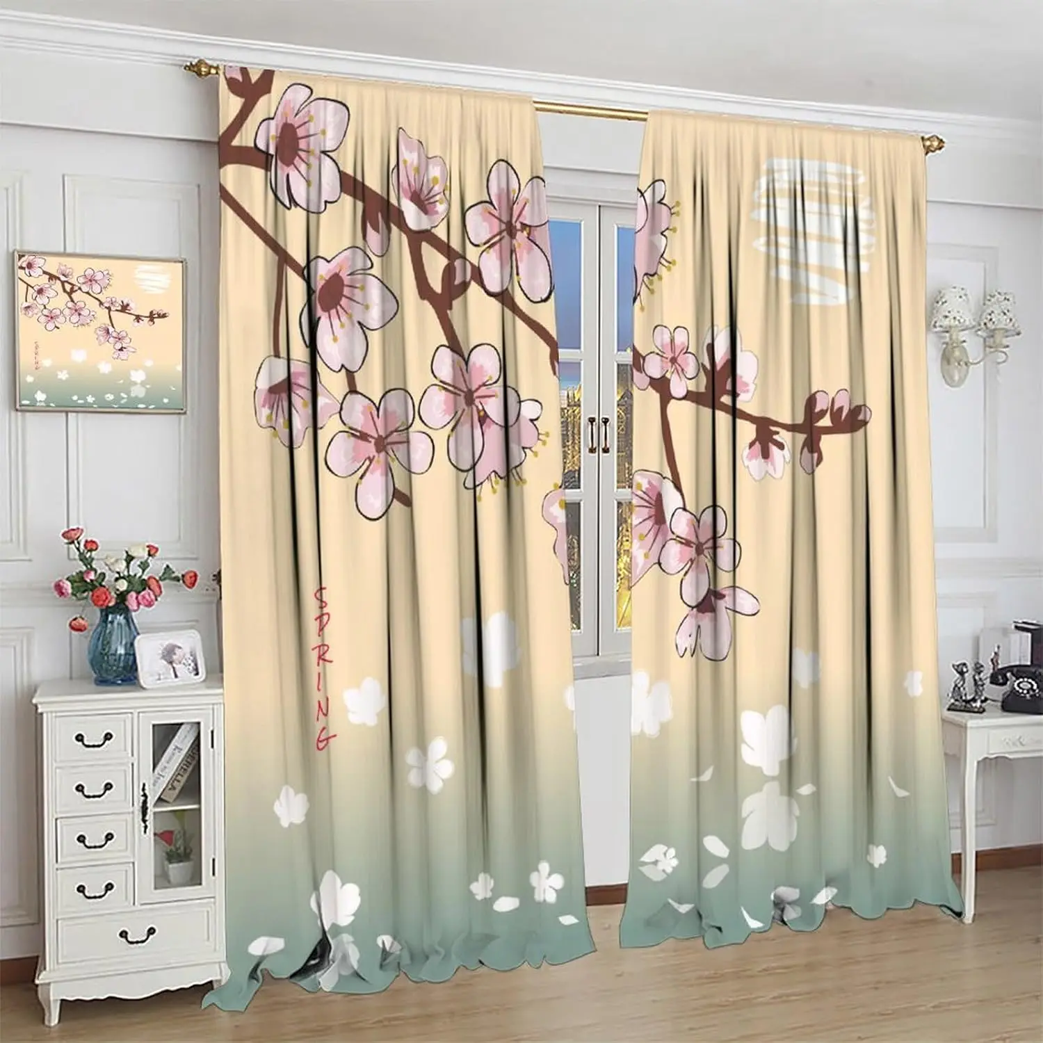 Pink Cherry Blossom Blackout Curtains,Japan Cherry Branch with Blooming Flowers Pattern Drapes Window 2 Panel Rod Pocket Curtain