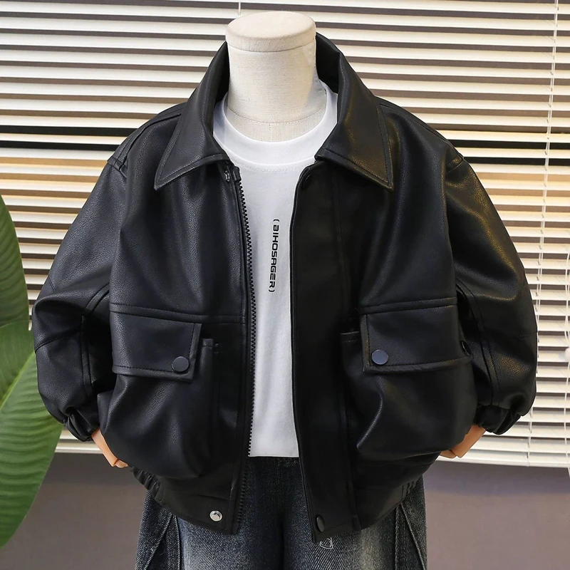 Leather Boys Jacket Spring Autumn New Solid Color Lapel Handsome Motorcycle Zipper Coat For 2-10 Years Kids Loose Pu Outerwear