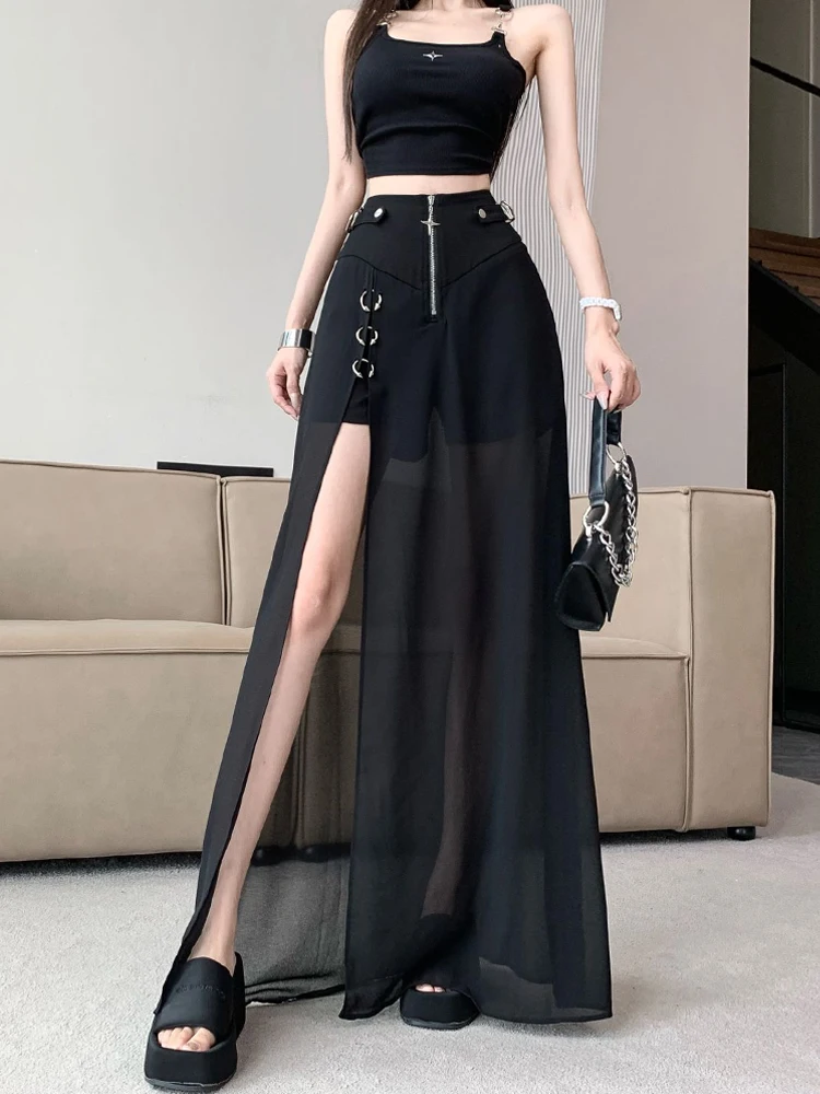 

Women's Black Y2k Mesh Stitching High Waist Skirts 2024 Summer Metal Ring Splicing Sexy Split Thin Long A-Line Culotte Workwear
