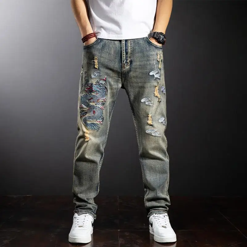 

Loose Trousers Jeans for Men Baggy Embroidery Soft Clothes Y2k 2000s Streetwear Trend 2025 Wide Leg Xs Man Cowboy Pants Classic