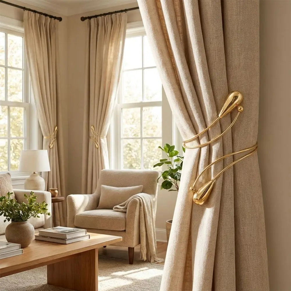 2PCS Adjustable Teardrop Shape Curtain Buckle Belt Burlap Flower Arm Ring Curtain Holdbacks Metal Curtain Holders Office Decor