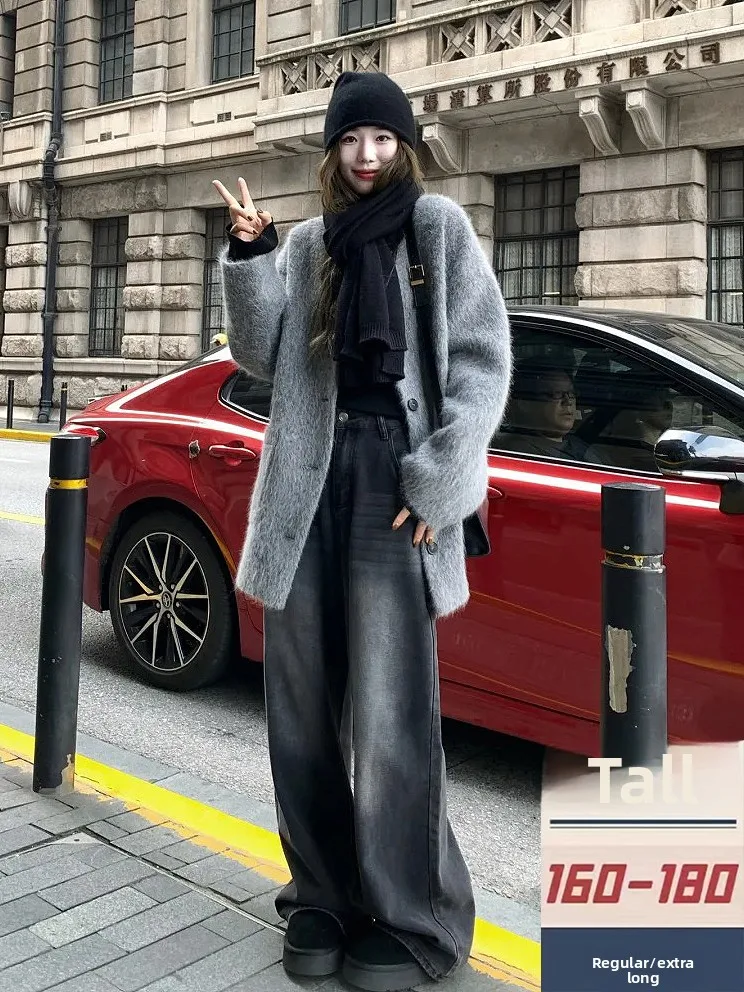 

High Waist Thiened Long Jeans Women's Autumn Retro Bla Floor-Length Denim Pants Slimming American Sle for Taller Ladies