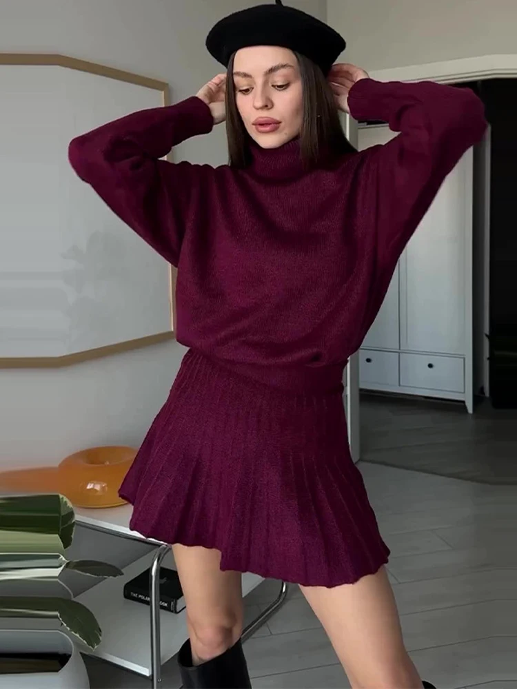 BKQU Elegant Turtleneck Sweater Pleated Skirts Two Piece Sets Women Autumn Winter Long Sleeve Casual Knit Mini Skirts Suits 2024