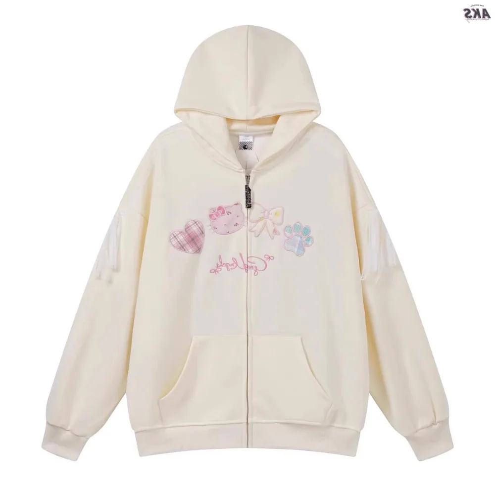 High Quality Embroidery Hoodie Jacket Sweet Cute Cat Cartoon Sweatshirts Coat Lolita Girl Kawaii Clothes Japanese Oversize Loose