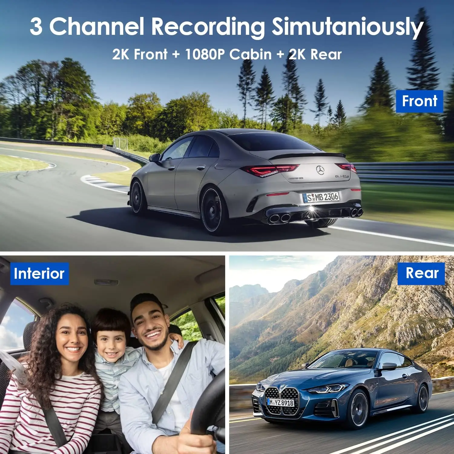 كاميرا داش 4K ذات 3 قنوات مع نظام تحديد المواقع العالمي (GPS)، رؤية ليلية، وضع ركن السيارة، تتضمن بطاقة TF