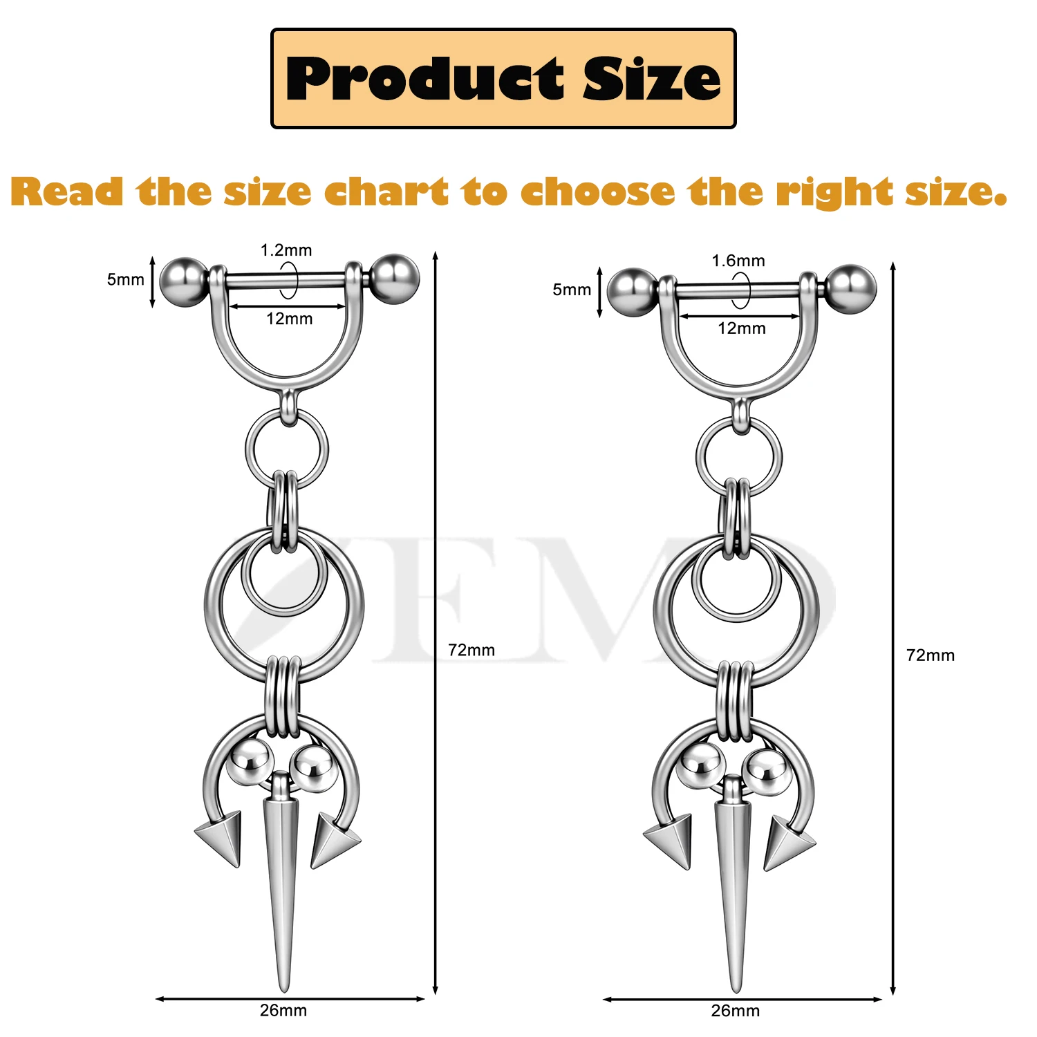 ZEMO 1PC 14G/16G Stainless Steel Drop Nipple Ring Punk Rock Rivet Chain Dangle Nipple Piercings Hip Hop Jewelry Accessories 12MM