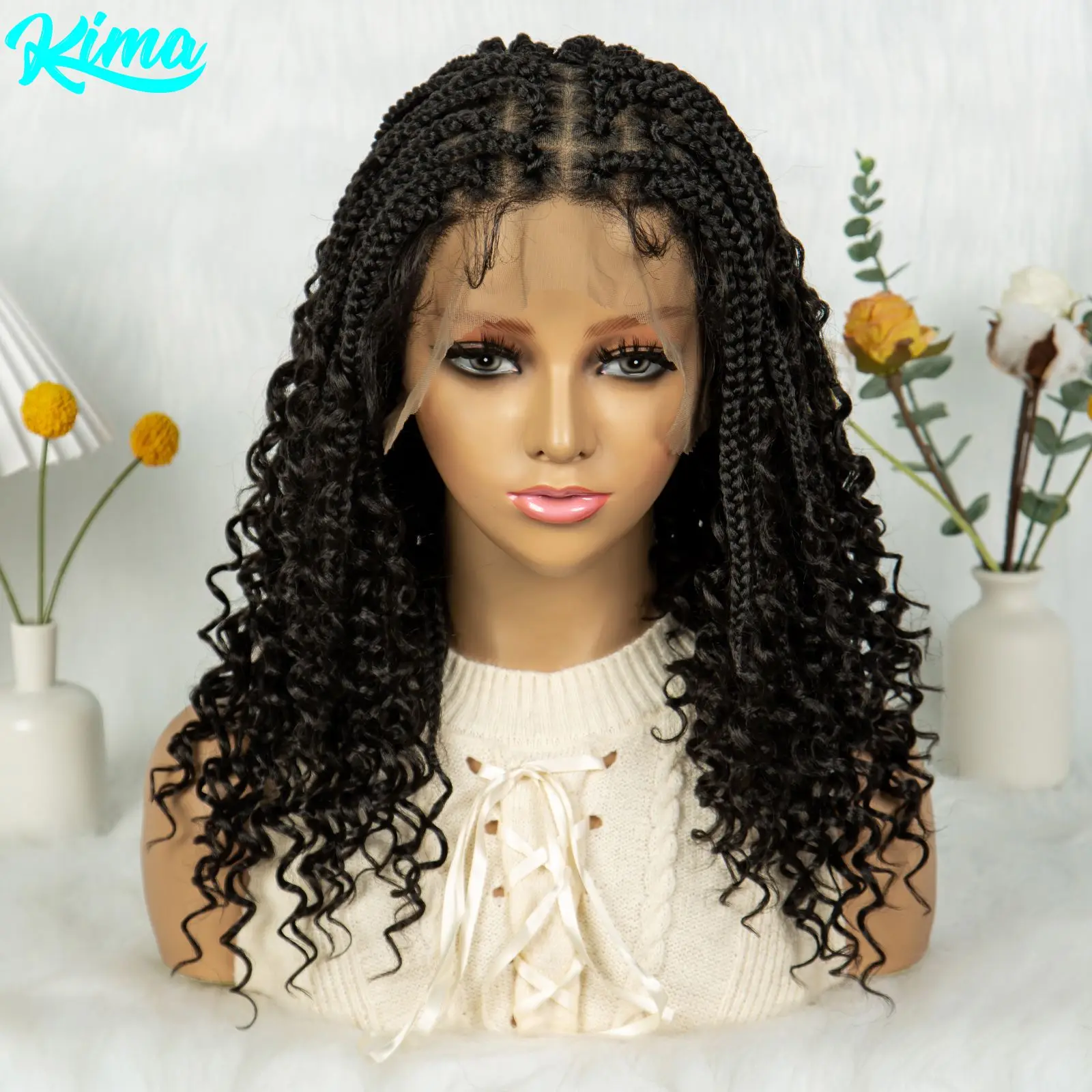 16Inch Knotless Box Braided Wigs with Curly Ends Synthetic Full Lace Braided Lace Wigs Lace Frontal Braids Wig for Black Women